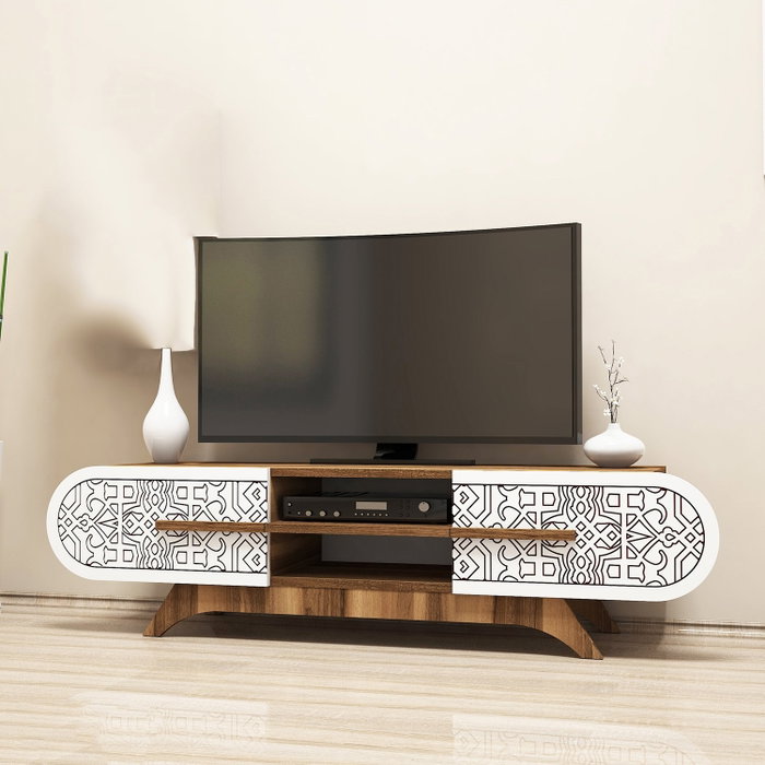 Hanah Home Mueble TV Defne - Nogal y Blanco - 145 cm Ancho x 37 cm Alto x 37 cm Profundidad - Melamina